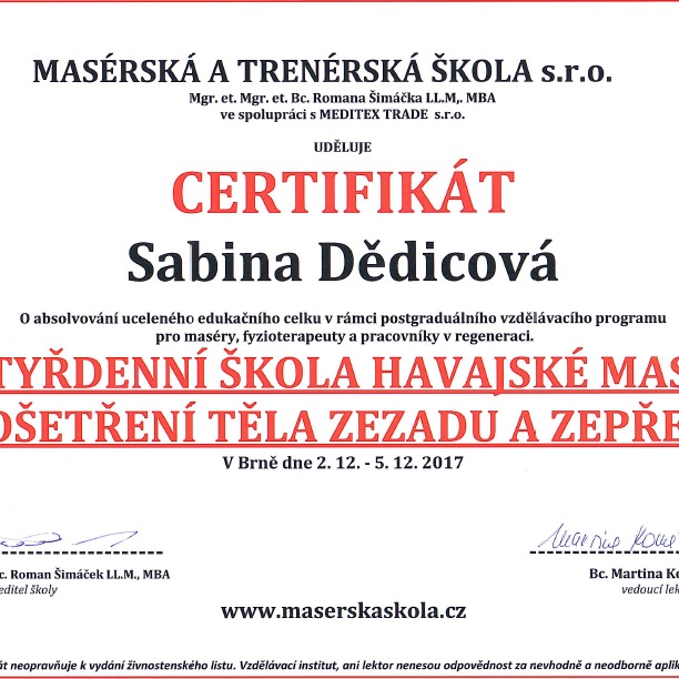 Certifikát - Havajská masáž Lomi Lomi